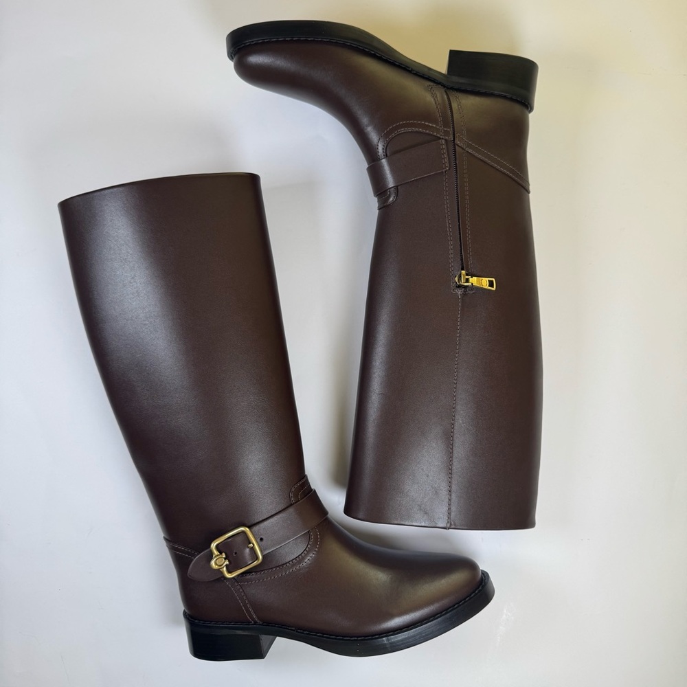 NEW Coach Brown Leather Tall Riding Boots Size 8 Knee High Buckle